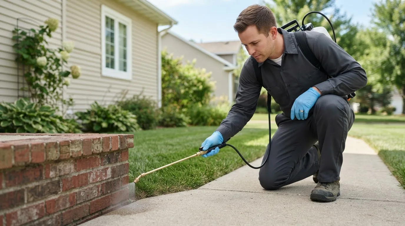 Pest control technician treating a home near Franklin, IN
