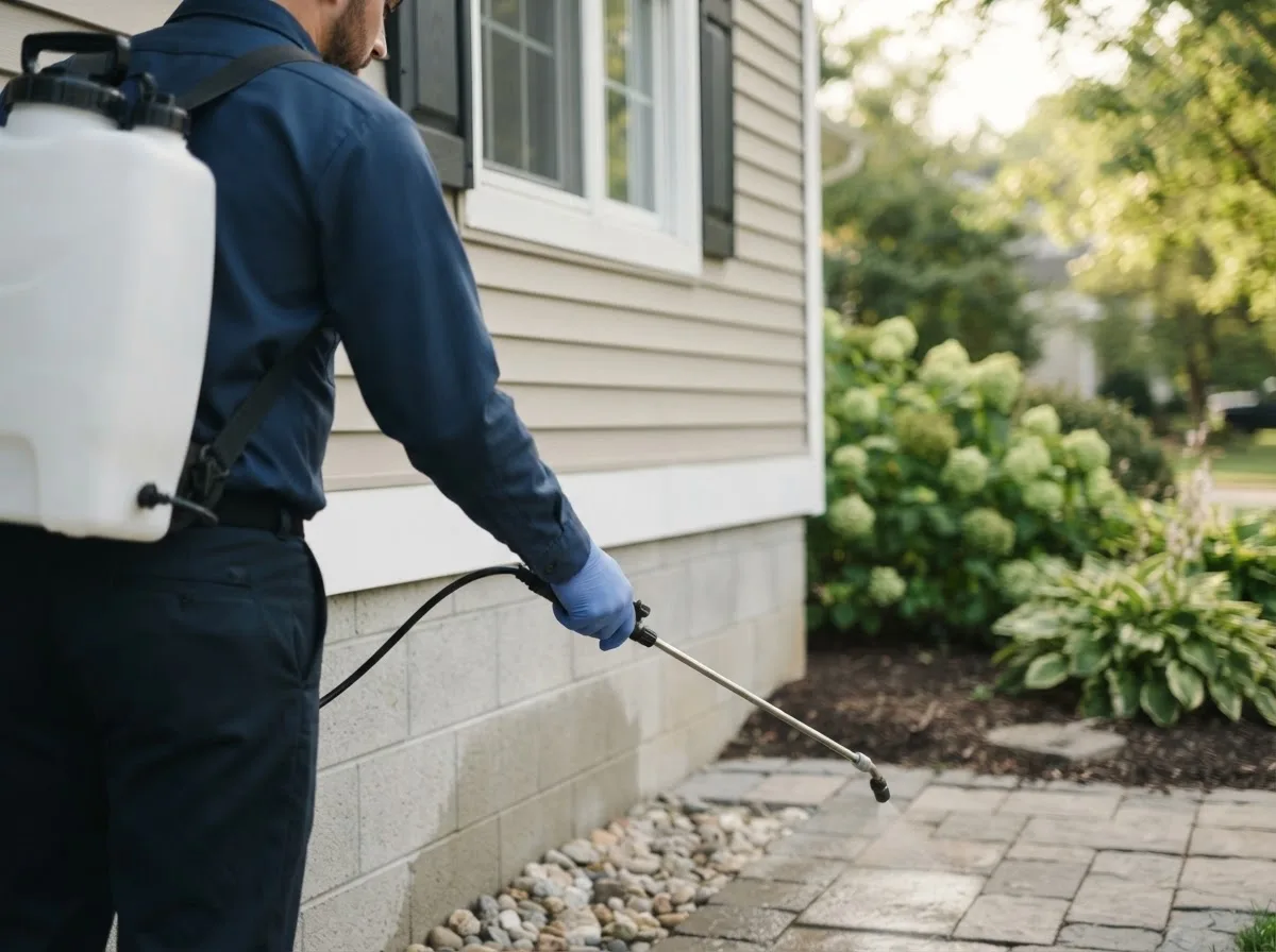 Pest control technician inspecting a home in Franklin, IN